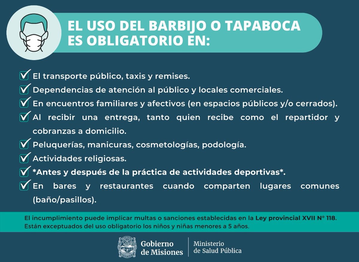 Ministerio Salud Mis (@saludmisiones) on Twitter photo El uso del Barbijo o tapaboca es obligatorio en:
<a href="/gobmisiones/">Gobierno de Misiones</a> <a href="/herrerayflia/">Oscar Herrera Ahuad</a> @MinistroAlarcon El uso del Barbijo o tapaboca es obligatorio en:
<a href="/gobmisiones/">Gobierno de Misiones</a> <a href="/herrerayflia/">Oscar Herrera Ahuad</a> @MinistroAlarcon