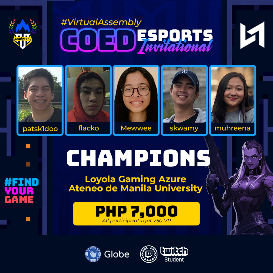 loyolagaming's tweet photo. LG Azure sweeps 2-0 iAcademy's Elix Esports to clinch the finals win in @acadarenaph COED Esports Invitational: VALORANT tournament.
CHAMPIONS!
#LGWin
#BeyondThePlay https://t.co/IVIswVtg5F