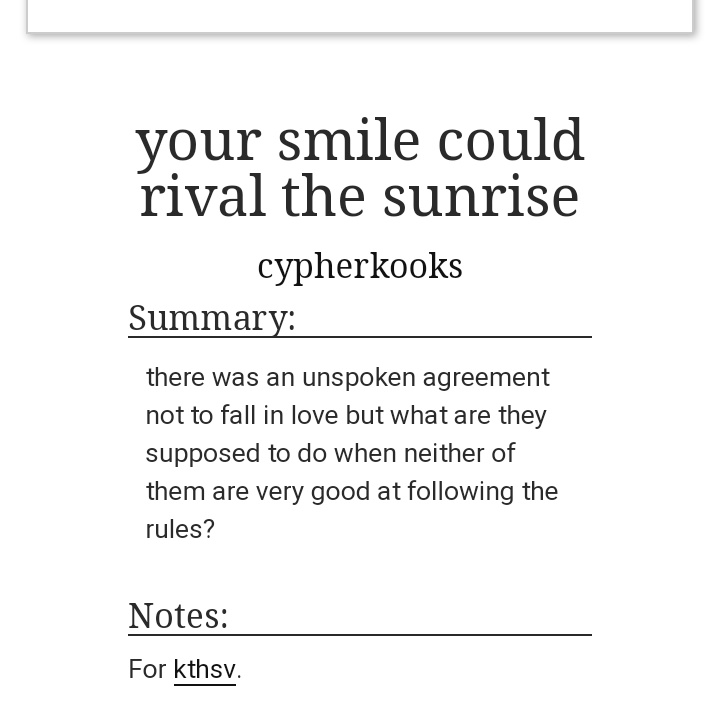 your smile could rival the sunrise | 27k https://archiveofourown.org/works/6502279 