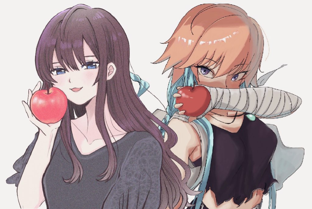 ichinose shiki ,ninomiya asuka multiple girls 2girls food apple fruit holding food long hair  illustration images
