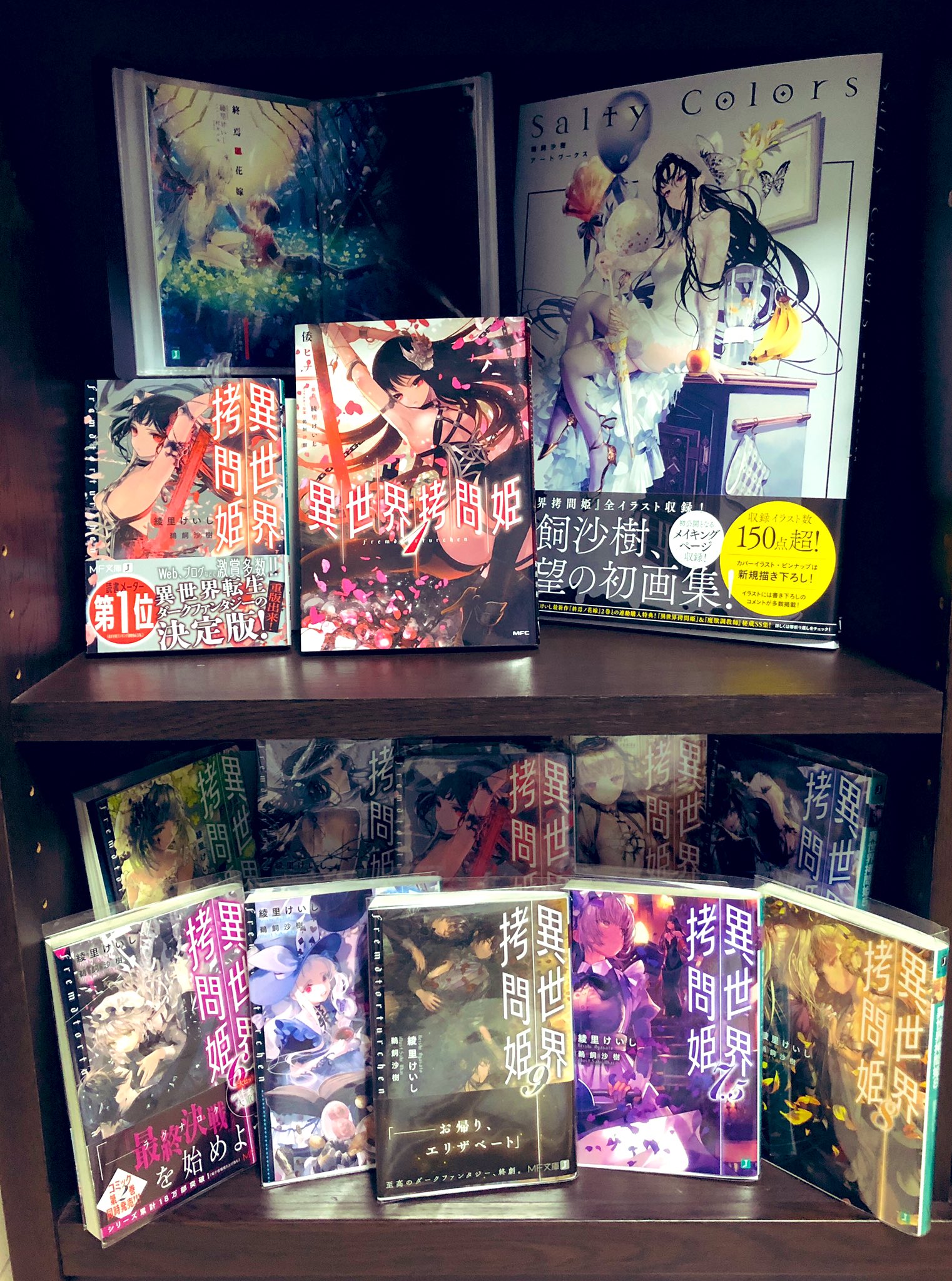 ブリキ 小説家に飢えている 異世界拷問姫スペース完成 一応納得できた配置に飾れました 終焉ノ花嫁は綾里けいし先生が作者だから問題ないですよね しぐりあさんとポポノタンさんからアイデアを頂きました お二人には感謝を 有難うございます