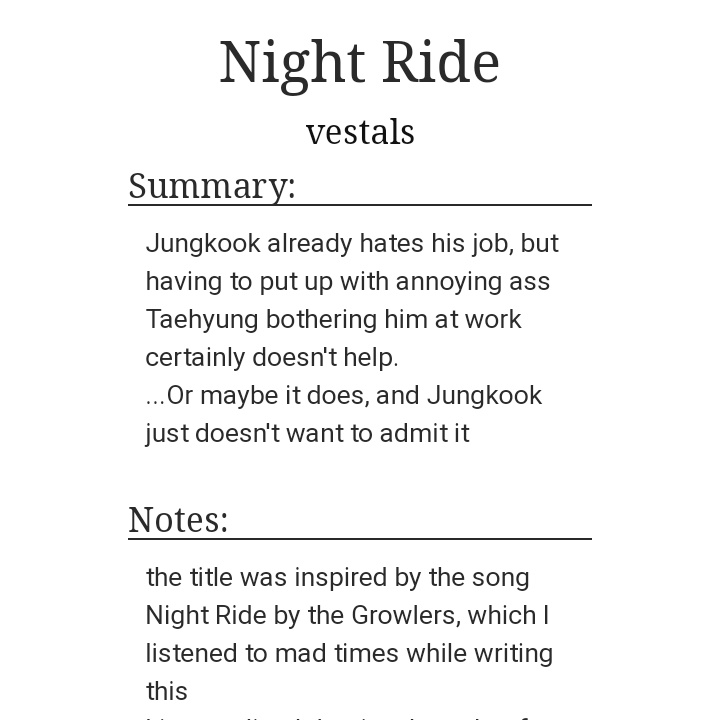 Night Ride | 80k https://archiveofourown.org/works/11806362/chapters/26633520