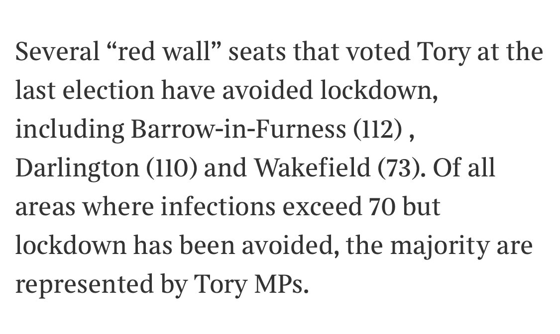 And apparent different treatment of Tory constituencies - by at least the infection rate/100k metric which seems to have been a major factor in decision-making.