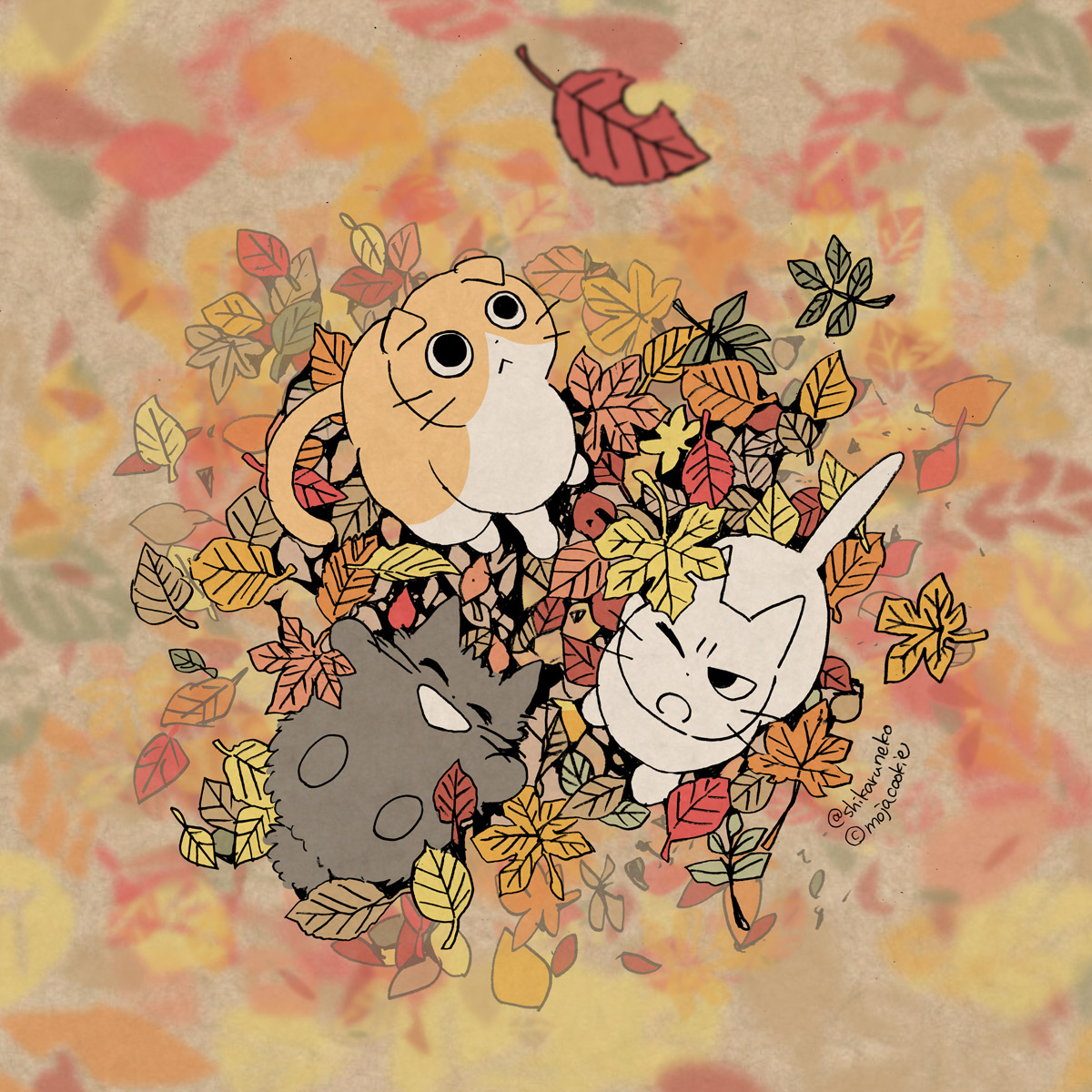 no humans cat leaf animal focus autumn leaves closed eyes open mouth  illustration images