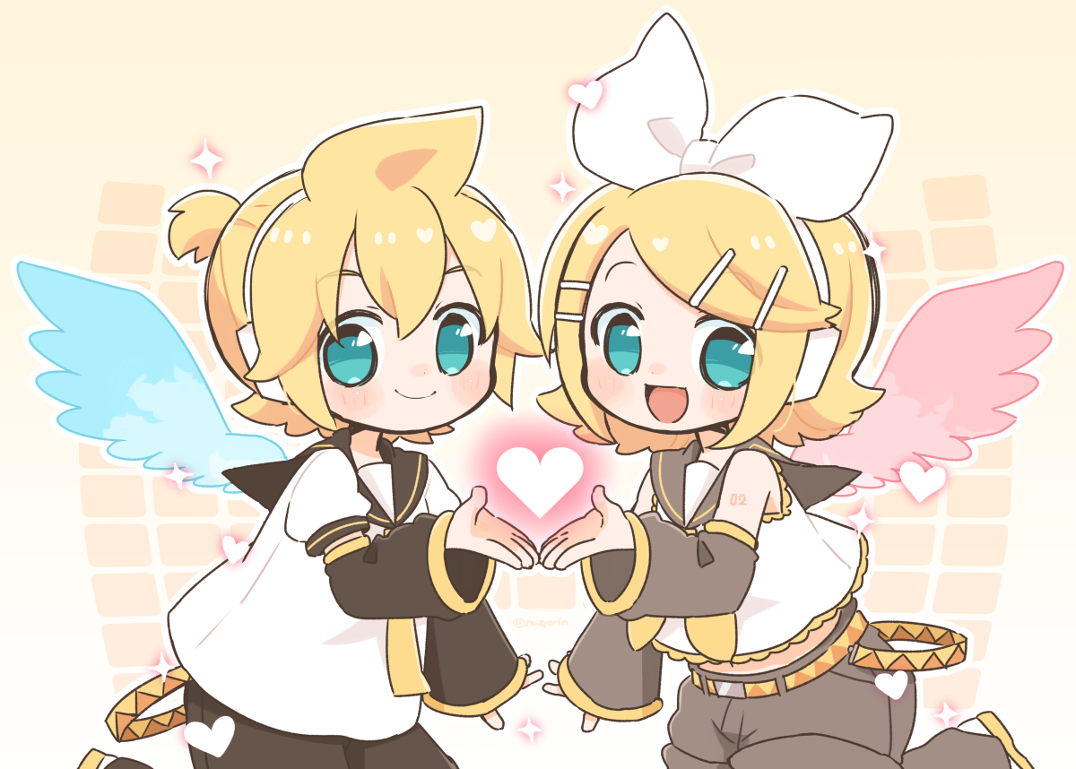 kagamine len ,kagamine rin wings heart blonde hair 1girl 1boy necktie hairclip  illustration images