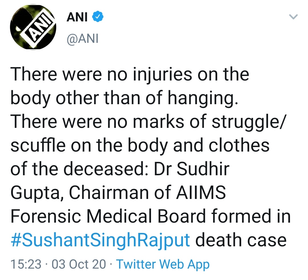 Also many high profile case like Aarushi ..Now he is going all the way in SSR Murder case, Giving clean chit to cooper hospital.Copper Hospital- That even not mentioned Death Time.We don't know all the docs was presented there.(Docs appointed by MH Govt) #AllEyesOnCBI