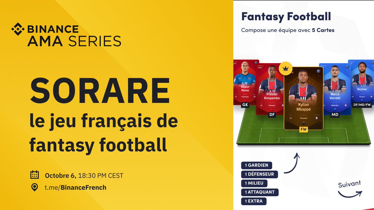📢Nouvelle AMA avec <a href="/SorareHQ/">Élie Yaffa</a> le jeu de Foot Virtuel sur Binance France.

Rejoignez-nous Mardi prochain 18H30 pour un AMA avec les frenchy de <a href="/SorareHQ/">Élie Yaffa</a>

🎁De nombreux cadeaux exclusifs <a href="/SorareHQ/">Élie Yaffa</a> lors de cet AMA <a href="/PSG_inside/">Paris Saint-Germain</a> 💎

⏱06/10/2020 à 18h30 CEST
📢 t.me/BinanceFrench