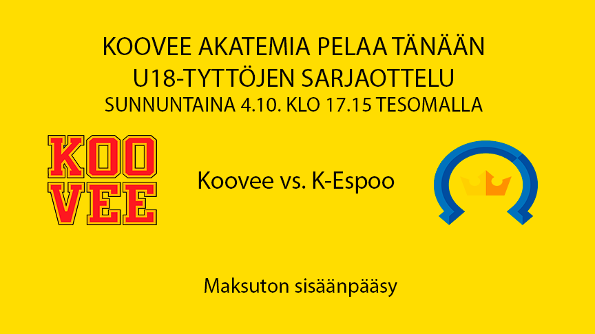Koovee Akatemia aloittaa kautensa U18-tyttöjen sarjassa, kun K-Espoo saapuu Tesomalle vieraaksi.
#Koovee #KEspoo #U18tytöt #Naiskiekko #Tyttökiekko