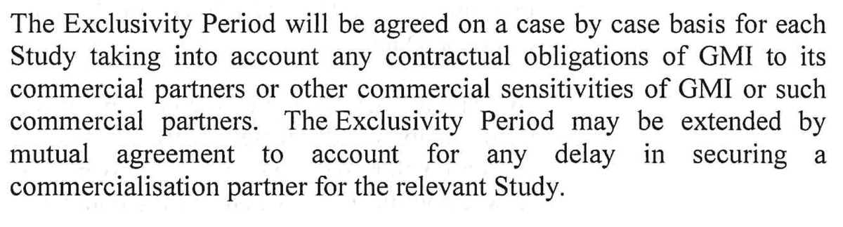 No “exclusivity period” is defined in the UCD agreement. It “will be agreed on a case by case basis for each study taking into account any contractual obligations of GMI to its commercial partners”.This “is a massive own goal by UCD" - Expert who reviewed the agreement for us.