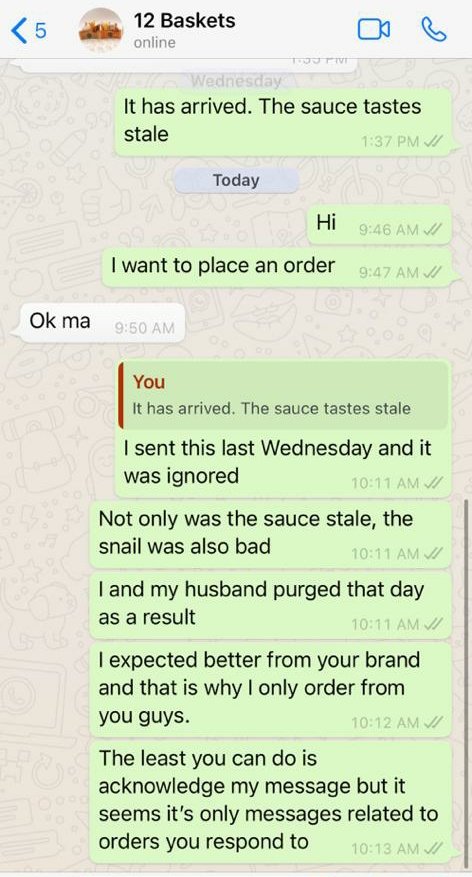 Hello  @12basketsfoods you sold my friend and her partner spoilt small chops. They're both treating FOOD POISONING! She told you this and you aired her messages, why?