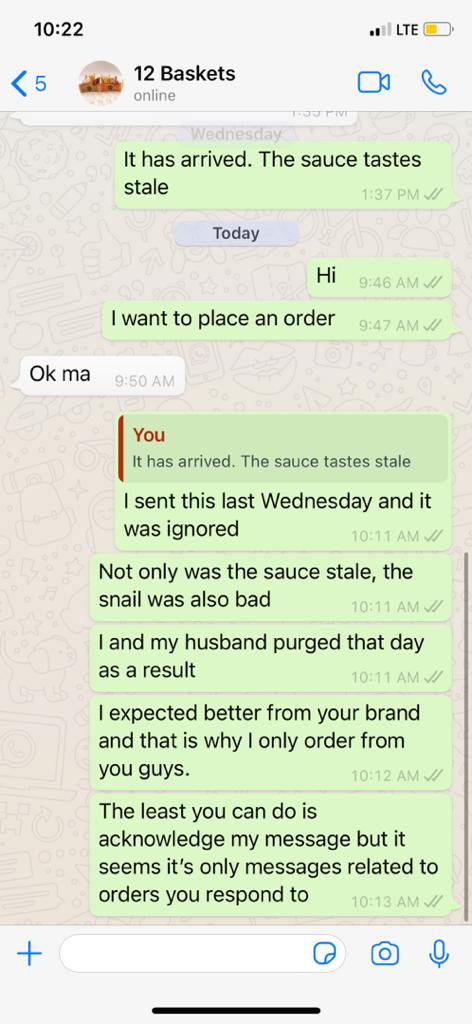 You sold her the tray since Wednesday! No one called to check on her or her partner rather y'll aired her messages. it's 2020 Shitty customer service shouldn't be happening anymore  @12basketsfoods