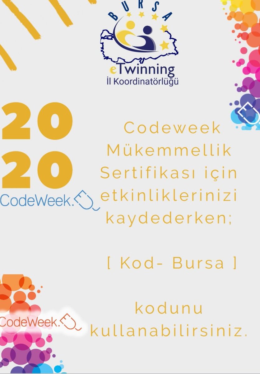 feride_basak's tweet image. 🔊 &quot;Kodlama - bilgi işlemsel düşünme - problem çözme becerisi&quot; ve  Mükemmellik Sertifikası için etkinliklerinizi kaydederken; 
HERKES İÇİN KOD HAFTASI BURSA ORTAK ETKİNLİK KODU:

[ Kod-Bursa ]

Link: 👇 codeweek.eu/view/304259/ko… 

@CodeWeekEU #CodeWeekTR @bursailmem @tretwinning
