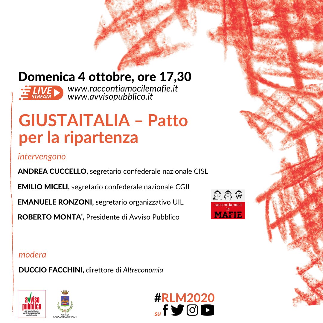 avvisopubblico's tweet photo. #RLM2020 Ultimo appuntamento oggi alle ore 17,30. Parleremo di #GiustaItalia il Patto per la Ripartenza sottoscritto la scorsa primavera da @avvisopubblico assieme a numerose altre Associazioni e ai Sindacati.
Per la Diretta clicca su https://t.co/5GA9U2SLIx https://t.co/H2LbVn21Ri