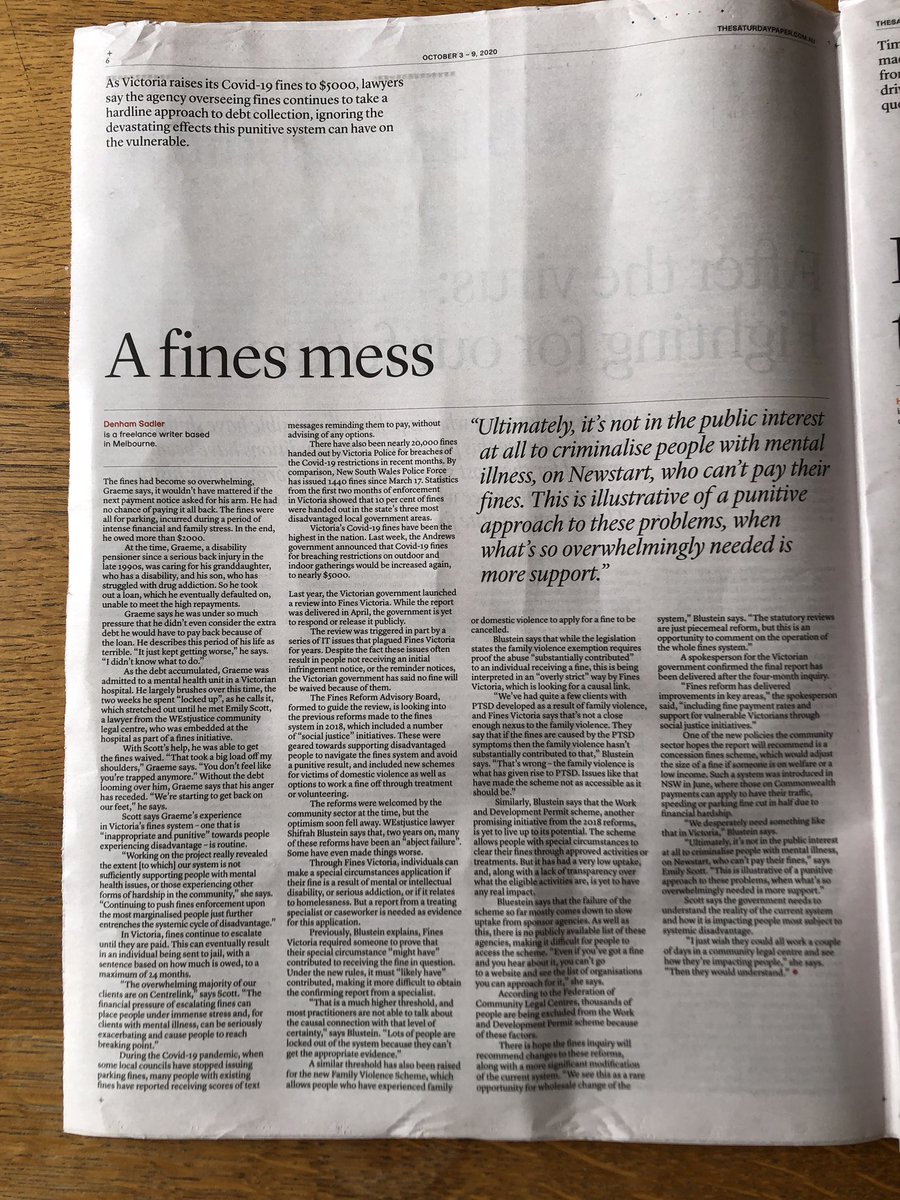 Really proud to have my piece on Victoria’s fines system and how it is disproportionately impacting the most marginalised people in the state published in The Saturday Paper this week.