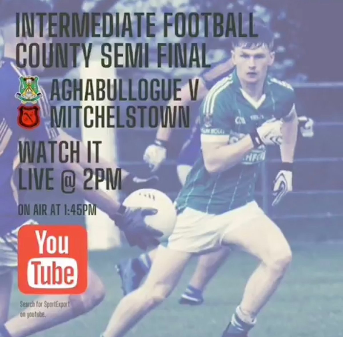 We are LIVE from <a href="/carrigoon/">Mallow GAA Sports Complex</a> today for the <a href="/OfficialCorkGAA/">Cork GAA</a> Intermediate Football County Semi-Final 2020! 

<a href="/aghabulloguegaa/">Aghabullogue GAA Club</a> v <a href="/GaaMitchelstown/">Mitchelstown Gaa</a> 

Coverage from 1.45pm ⬇️
YouTube.com/c/SportExport