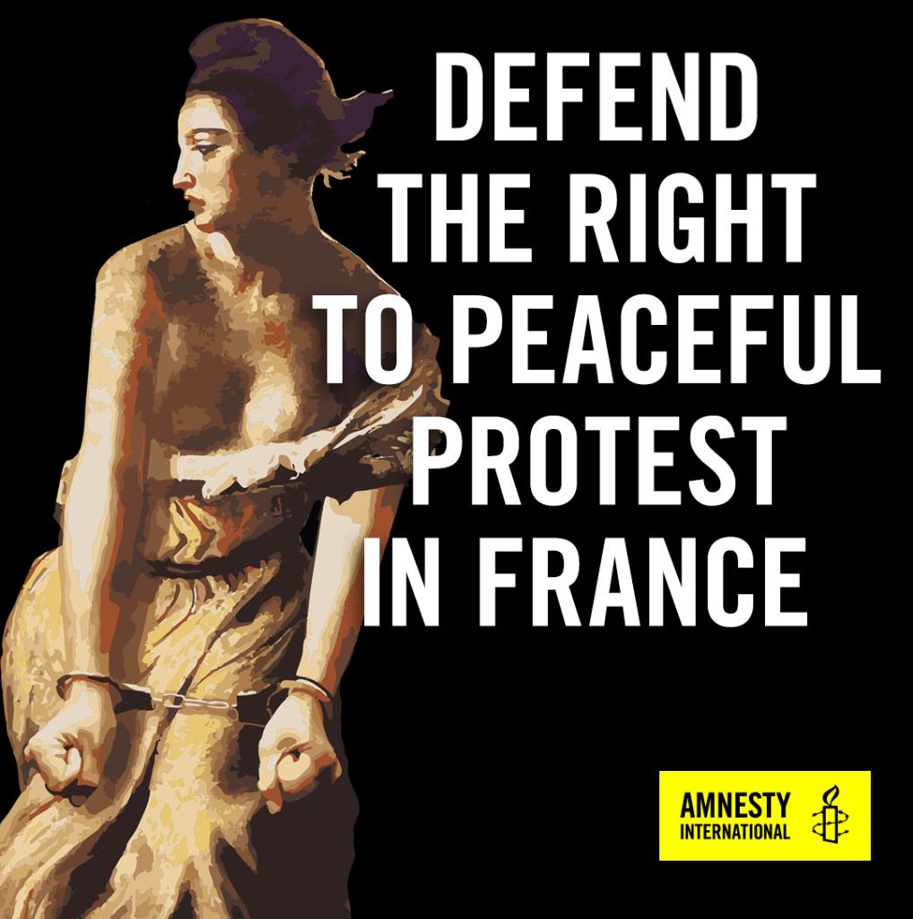 amnesty's tweet photo. Peacefully protesting is a right protected by human rights Conventions. But French authorities ignore this & weaponize the law to crackdown on protesters.
Call on President @EmmanuelMacron to protect people’s right to peacefully protest https://t.co/FzCU3K8Szx 📢 #EyesonFrance https://t.co/tYC2A5X0cS