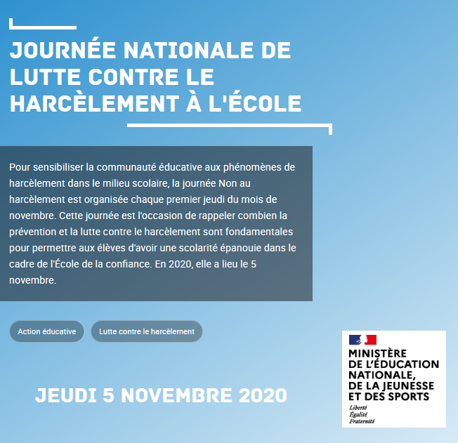 Jp_Flx's tweet photo. La journée nationale de lutte contre le harcèlement se tiendra le jeudi 5 novembre 2020. Elle sera l’occasion de dévoiler une nouvelle campagne consacrée au premier degré et de proposer des outils aux équipes pédagogiques et éducatives.
https://t.co/wp2gFHr2Ft https://t.co/4KrD2nHmsS