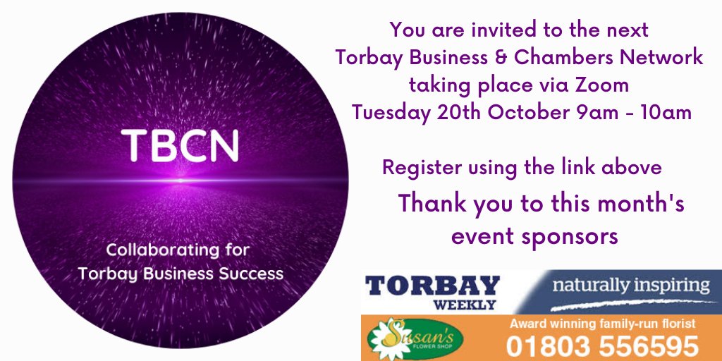 Register for our next zoom event. Networking, updates & business poll. To register your free place click the link below us02web.zoom.us/j/88964948340?… @torbayweekly @Susansflowers1 @TorbayBusiness @PaigntonDistCC @BrixhamChamber @TorquayChamber @BoostTorbay @Torbay_Hour