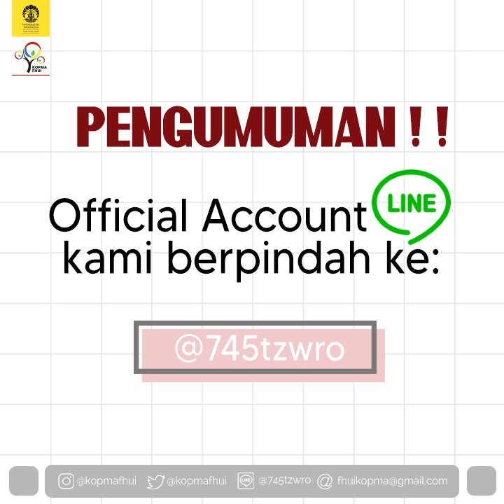 〚 PENGUMUMAN: OA Line Baru 〛

Hai, Sahabat KOPMA! 

Sangat disayangkan OA Line kami sebelumnya tidak dapat digunakan dikarenakan ada masalah teknis. 

Namun jangan khawatir! Kini kami kembali dengan OA Line yang baru.

Nantikan selalu informasi terbaru dari akun resmi kami ya.