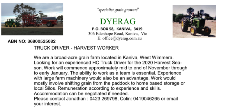 TRUCK DRIVERS: Beat the harvest queue!

Looking for a HC harvest driver due to late change in circumstances for a 'regular' casual. 

Running a '15 Mack &amp; a T404 KW. With special appearances by the T2670 twin-steer. 

Carting into own storage. No queues. #harvest20 

Pls DM or RT