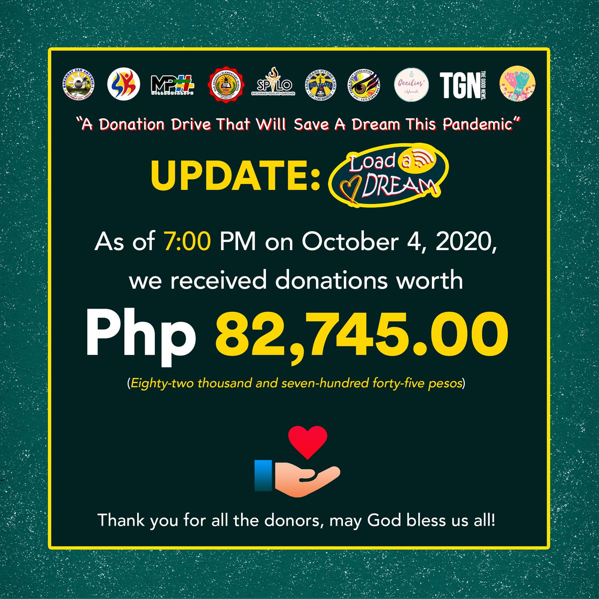 LoadADream1's tweet photo. MARAMING SALAMAT PO!🤗

Nawa po ay patuloy ninyo kaming suportahan upang tuluyang maisakatuparan ang inisyatibong ito at nang sa gayon ay marami pa tayong matulungang mag-aaral na maabot ang kanila pangarap. Sa ngayon po ay nakalikom na po tayo ng Php 82,745.00 https://t.co/1AnGe0Ar32
