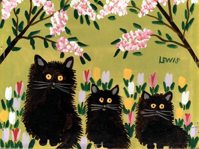 This is actually upsetting now so here's some Canadian wholesome loveliness to end this thread - Canadian folk art artist Maud Lewis' 'Three Black Cats', 1955.