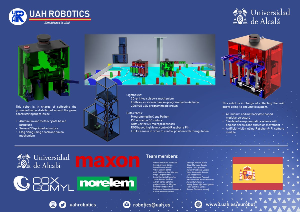 UAHrobotics's tweet photo. Este es el cartel con el que íbamos a presentar nuestro proyecto en la #CoupeDeRobotique 2020, antes de que la situación sanitaria nos impidiera participar en el torneo. 🏆

Mención especial a nuestros patrocinadores @maxonmotores, @norelem, Coxgomyl y a @UAHes. 🛠 https://t.co/em27JSqudb