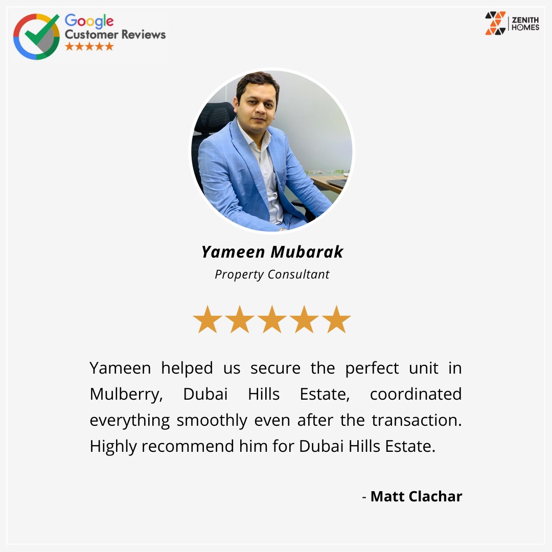 ZenithHomesRE's tweet photo. Another 5-star review for Yameen ⭐️
Well done to our Dubai Hills Estate Specialist, Yameen Mubarak. ✌️🏻👏🏼
#proffesionalrealtor 

#teamzenithhomes 

#googlereviews #positiveprofessional #saturdayreview #googlereview #positiveresponse #relator #realestaterelator https://t.co/L22SRsLgCI