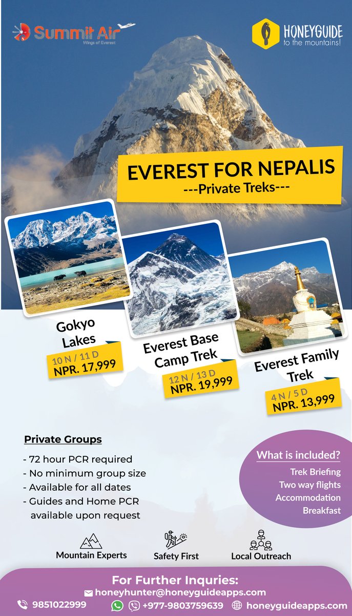 honeyguideapps's tweet photo. @callmeniraj Hi Niraj ji, wish you had posted the whole poster. It says clearly what is included. Also, ठ्याक्कै Double tirne bhaye, Everest Family Trek ma we will include all meals, flights, attached accommodation, guide, permit, and home PCR. :) Peace. https://t.co/3VDASsFBbk