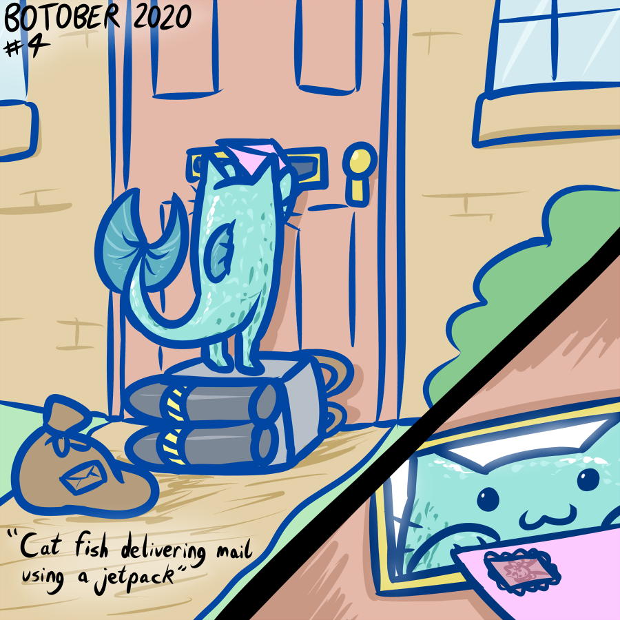  #Botober Day 4 - "Cat fish delivering mail with a jetpack" (from the "Advanced" List)[See first tweet in this thread for link to prompts]