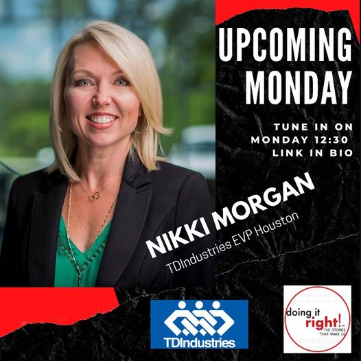 tdindustries's tweet photo. Tune in Monday @ 12:30 & listen to TDIndustries EVP Houston, Nikki Morgan on the #DoingItRight podcast with Valerie and Company - Leadership Development & Personal Branding #doingitrightshow #valerieandcompany #TDStrong #TDIndustries #ServantLeadership #womenintrades https://t.co/mnvQF9KqZu