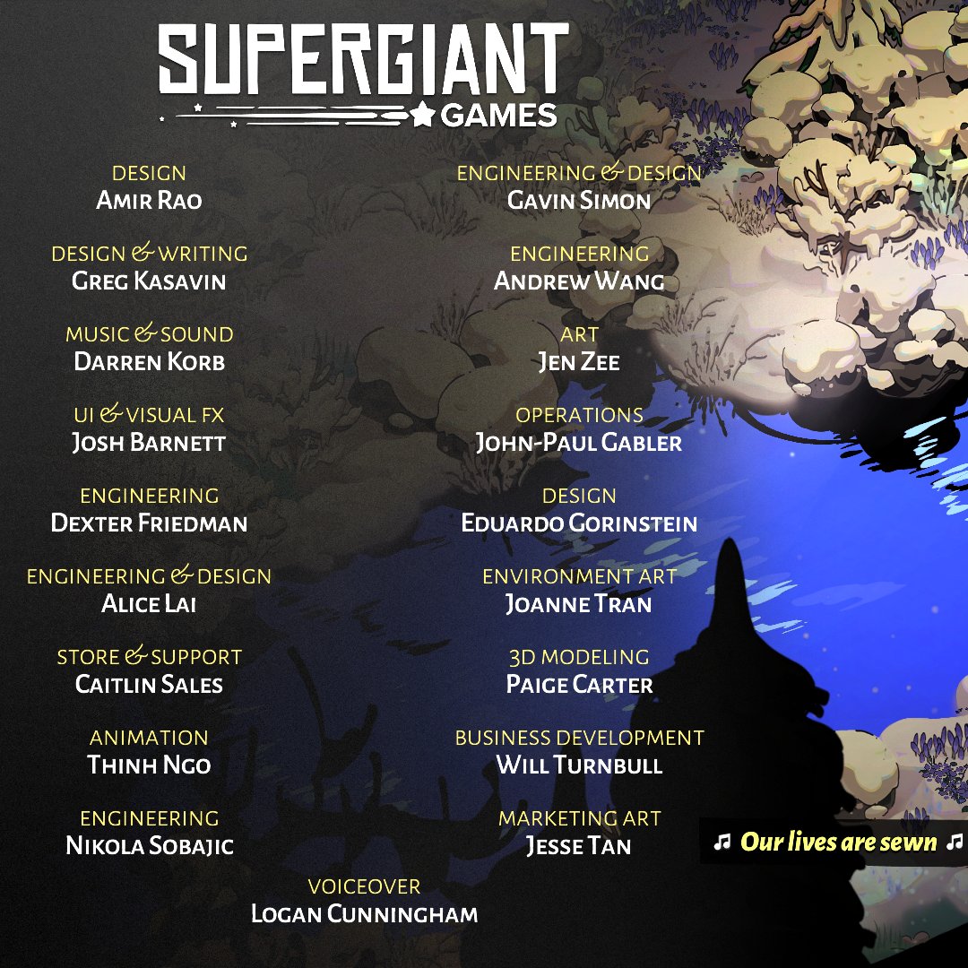 Screenshot of credits at the ending of Hades game.