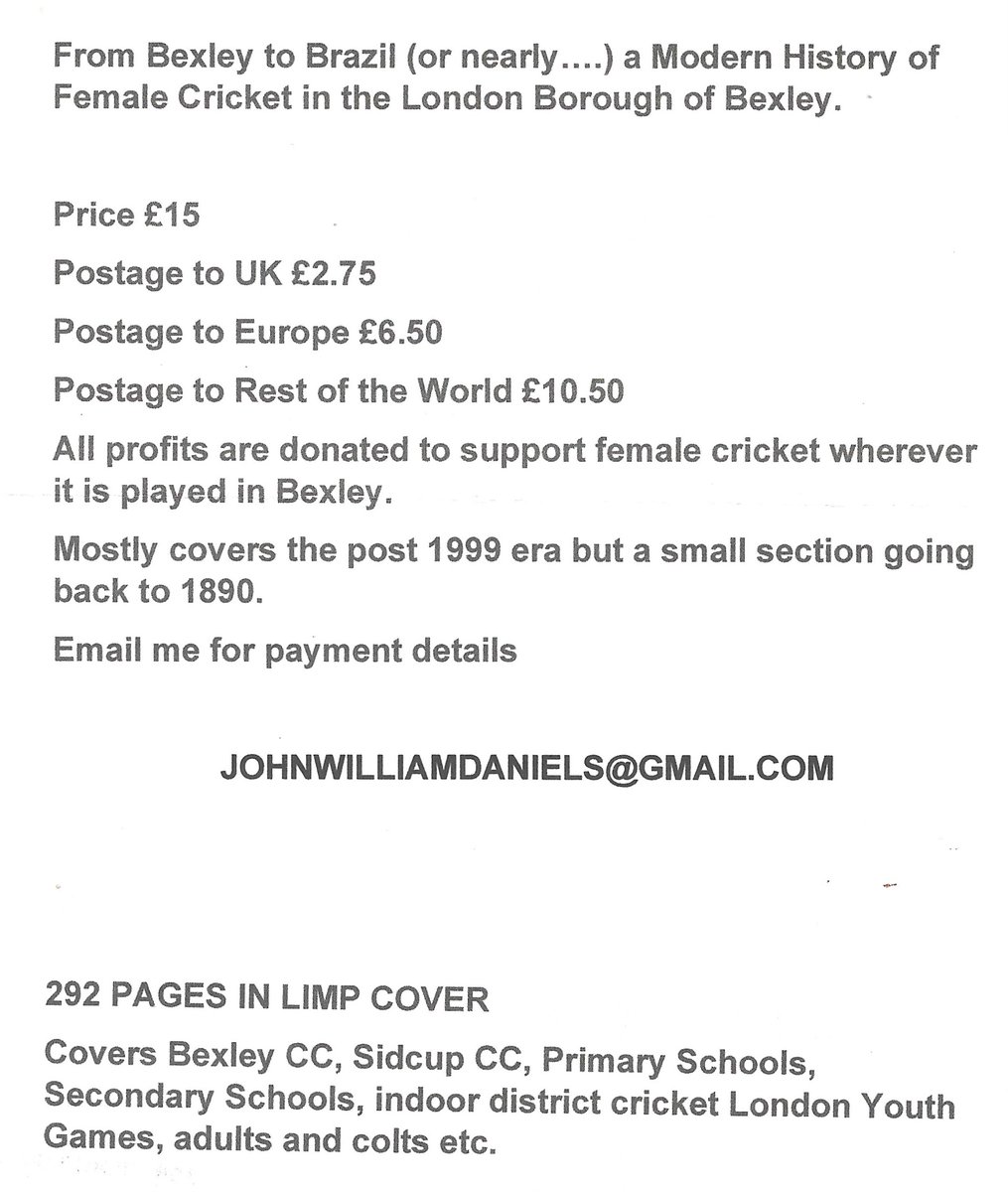 Out end of Oct but you can pre-order "From Bexley to Brazil (or nearly..)" A modern history of Female Cricket in Bexley, Clubs, schools, district + indoor winter cricket Details in scan. <a href="/BexleyCC/">Bexley CC</a> <a href="/Sidcupcc/">Sidcup Cricket Club</a> <a href="/cricketforgirls/">Cricket for Girls</a> <a href="/imfemalecricket/">Female Cricket</a> <a href="/Cricket_World/">Cricket World</a> <a href="/ICSHC/">ICSHC</a> <a href="/Cricket_Books/">Cricket Bookseller</a>