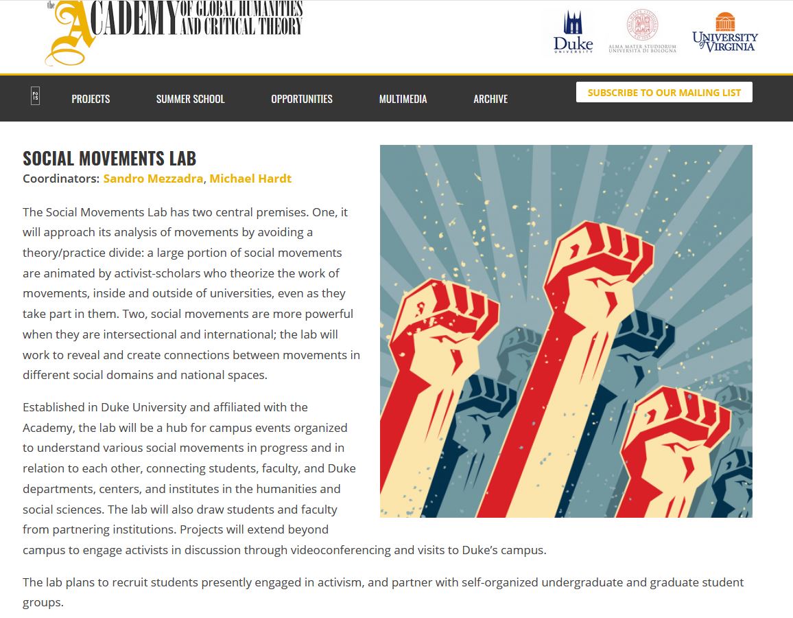 The Academy of Global Humanities and Critical Theory has a Social Movements Lab. One of the Lab’s premises is: “social movements are more powerful when they are intersectional and international.”  https://aghct.org/research-and-opportunities/1926