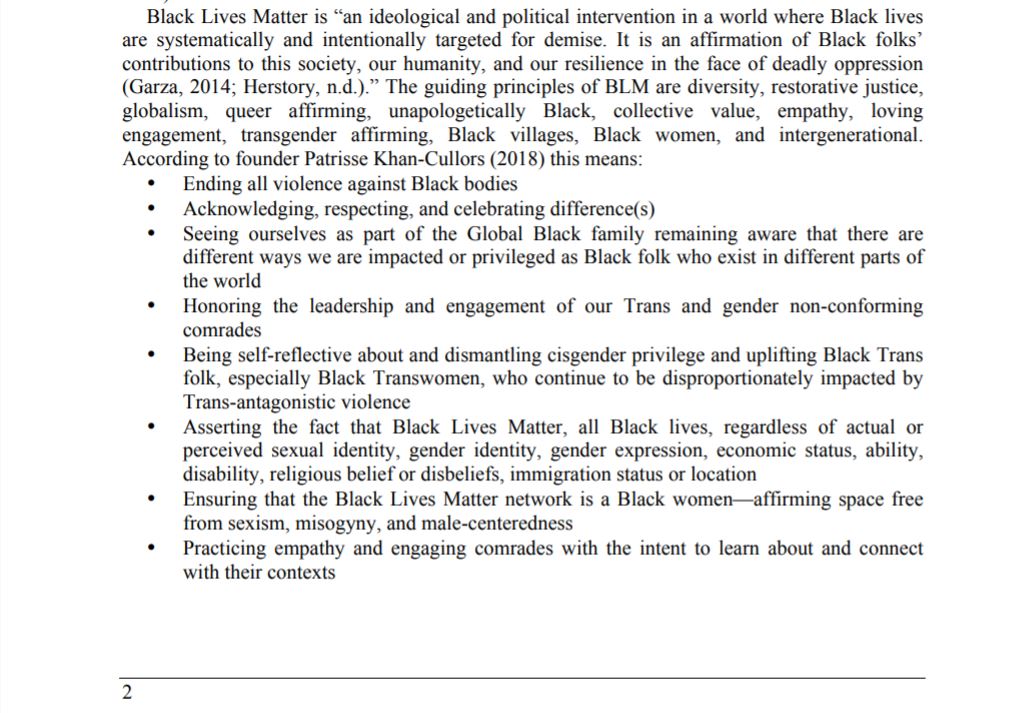 GCT and BLM. “The guiding principles of BLM are diversity, restorative justice, globalism, queer affirming, unapologetically Black, collective value, empathy, loving engagement, transgender affirming, Black villages, Black women, and intergenerational” https://www.researchgate.net/publication/328367211_Black_Lives_Matter_in_Community_Psychology