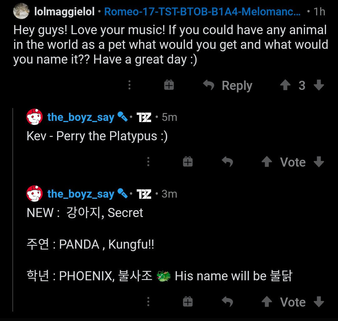 [The Boyz Reddit AMA]NEW: puppy, secretJuyeon: Panda, KungfuHaknyeon: Phoenix, (Phoenix in kor) His name will be Buldak (a mix of the words Phoenix and chicken)