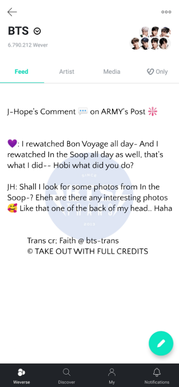 J-Hope's Comment  on ARMY's Post : I rewatched Bon Voyage all day~ And I rewatched In the Soop all day as well, that's what I did~~ Hobi what did you do?JH: Shall I look for some photos from In the Soop~? Eheh are there any...Trans cr; Faith https://www.weverse.io/bts/feed/1640263359992494