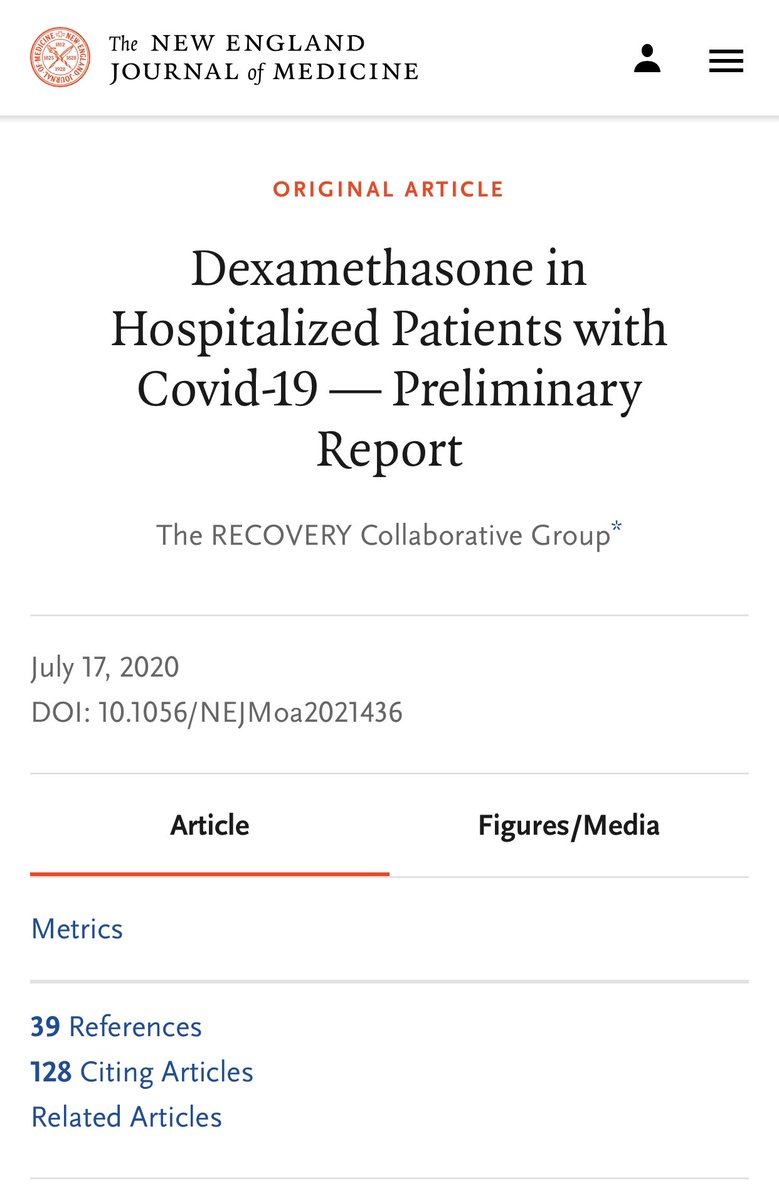 1/ Reports that Trump received  #dexamethasone— a steroid that should only be used on patients who require oxygen or are critically ill with  #covid19. This was proven to reduce mortality in the RECOVERY trial published in  @NEJM earlier this year. https://www.nejm.org/doi/full/10.1056/NEJMoa2021436