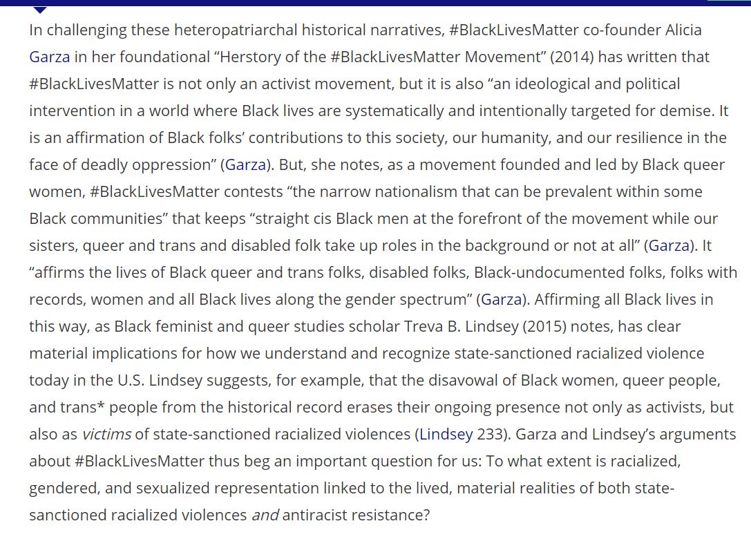 Garza and Lindsey ask, “to what extent is racialized, gendered, and sexualized representation linked to the lived, material realities of both state-sanctioned racialized violences and antiracist resistance?" https://www.tandfonline.com/doi/full/10.1080/01440357.2019.1668638