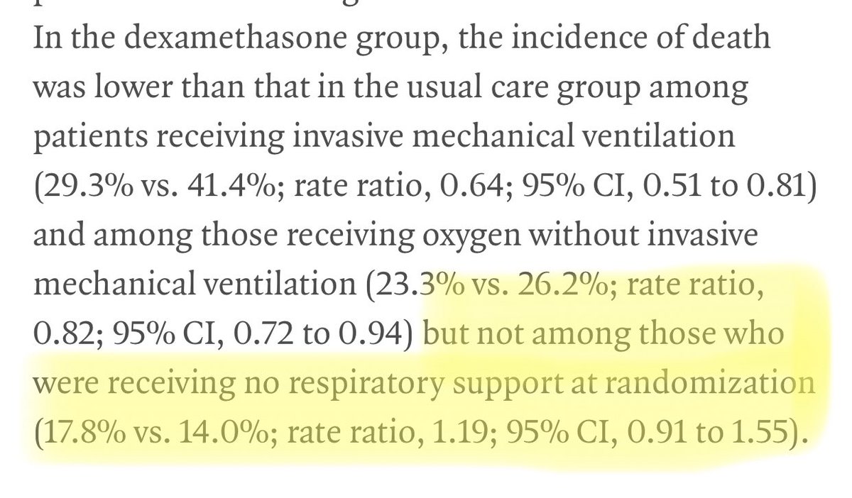 2/ But, they found no mortality benefit in patients that were not on supplemental oxygen or ventilators. In fact, those patients actually had a slightly higher mortality rate, although not statistically significant.