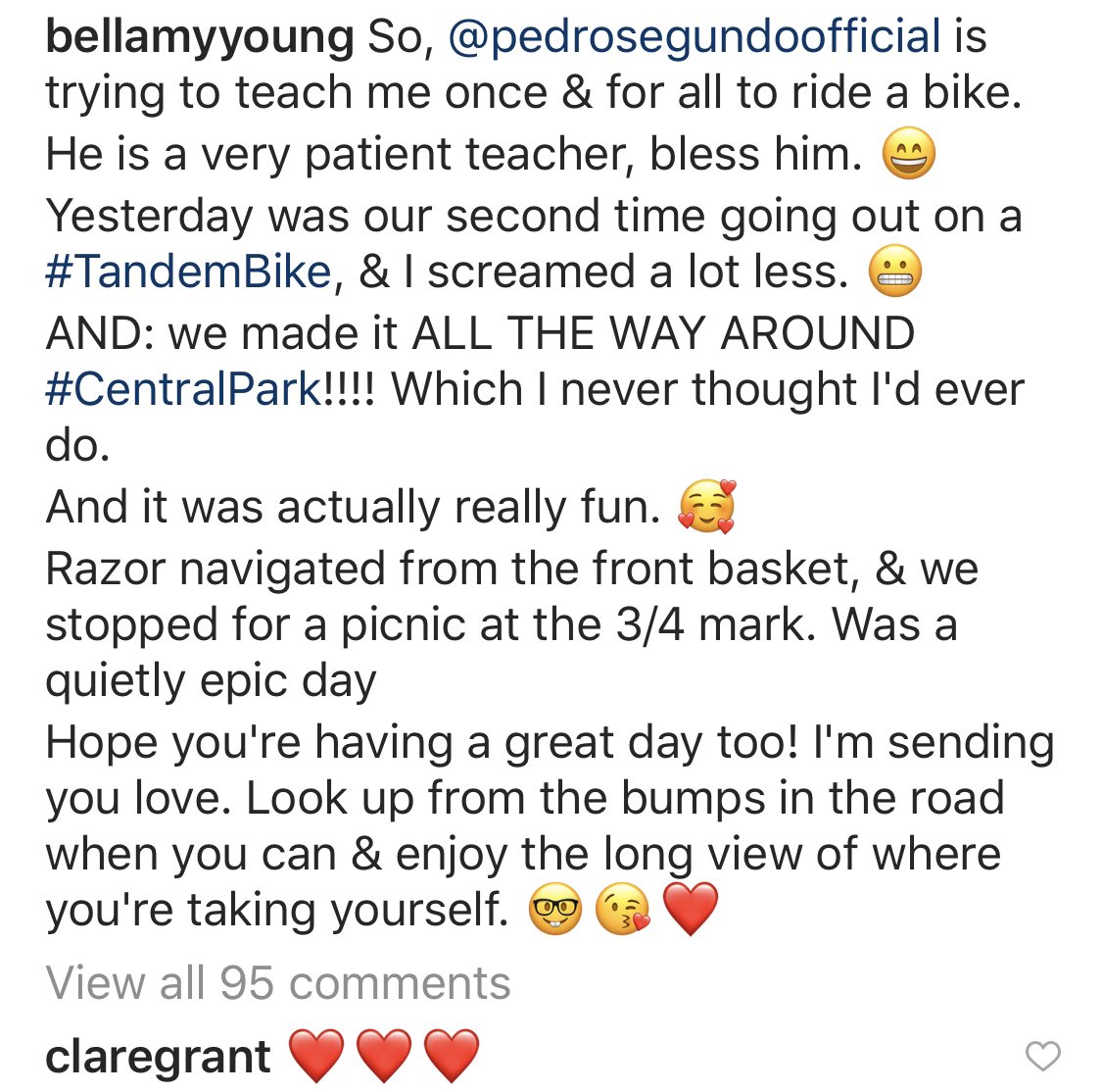 RikkiWilde's tweet photo. WHILE OFF THE #ProdigalSon SET: BellamyYoung
#BellamyYoung and #PedroSegundo and their fur baby Razor cruising through Central Park as PS teaches BY how to ride a bike. Maybe we’ll see #JessicaWhitly on a bicycle in #ProdigalSon then? ☺️ https://t.co/PU1iz7379i
