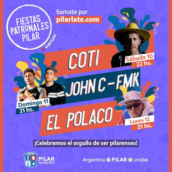Estas #FiestasPatronales, las vivimos con música, cultura y alegría.

Disfrutá de los shows en vivo de Coti, El Polaco y los traperos Jhon C y FMK. 

¡Entrá a pilarlate.com y cantá todos los hits desde casa!

No te lo pierdas.