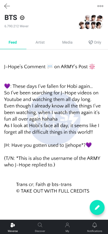 J-Hope's Comment  on ARMY's Post : These days I've fallen for Hobi again... So I've been searching for J-Hope videos on YouTube and watching them all day long. Even though I already know all the things I've been watching, whe...Trans cr; Faith https://www.weverse.io/bts/feed/1640265150712041?photoId=110479813
