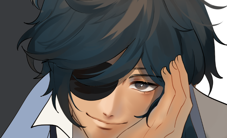 kaeya (genshin impact) 1boy eyepatch male focus solo smile simple background blue hair  illustration images