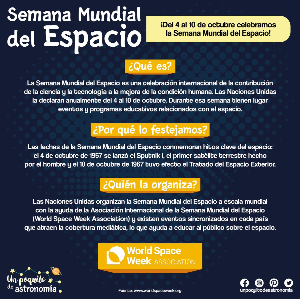 poquitoastro's tweet photo. Llegó octubre y con él una semana muy especial. Te platicamos un poco sobre la Semana Mundial del Espacio.
#SemanaMundialdelEspacio #WordSpaceWeek #WorldSpaceWeekAssociation #ONU #Sputnik #Satelite #TratadodelEspacioExterior #NASA #octubre https://t.co/0YiEClJcCB