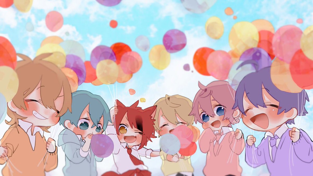 multiple boys balloon blue hair blonde hair male focus 6+boys red hair  illustration images