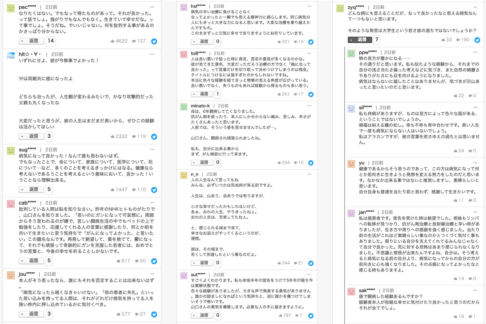 山口雄也 On Twitter Lt がんになって良かったのか Gt 先日の記事のヤフコメ 応援の言葉ばかりで驚きました 誹謗中傷を浴びた去年以来 病や死を哀れみ悪とする価値観を何とか変えたいと思い発信してきました それが少し叶ったのかもしれません 生きている以上