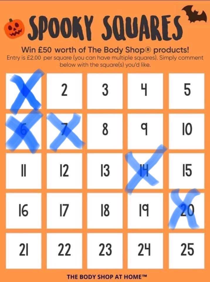 19 numbers left... £2 a square to be in with a chance of winning £50 of body shop products