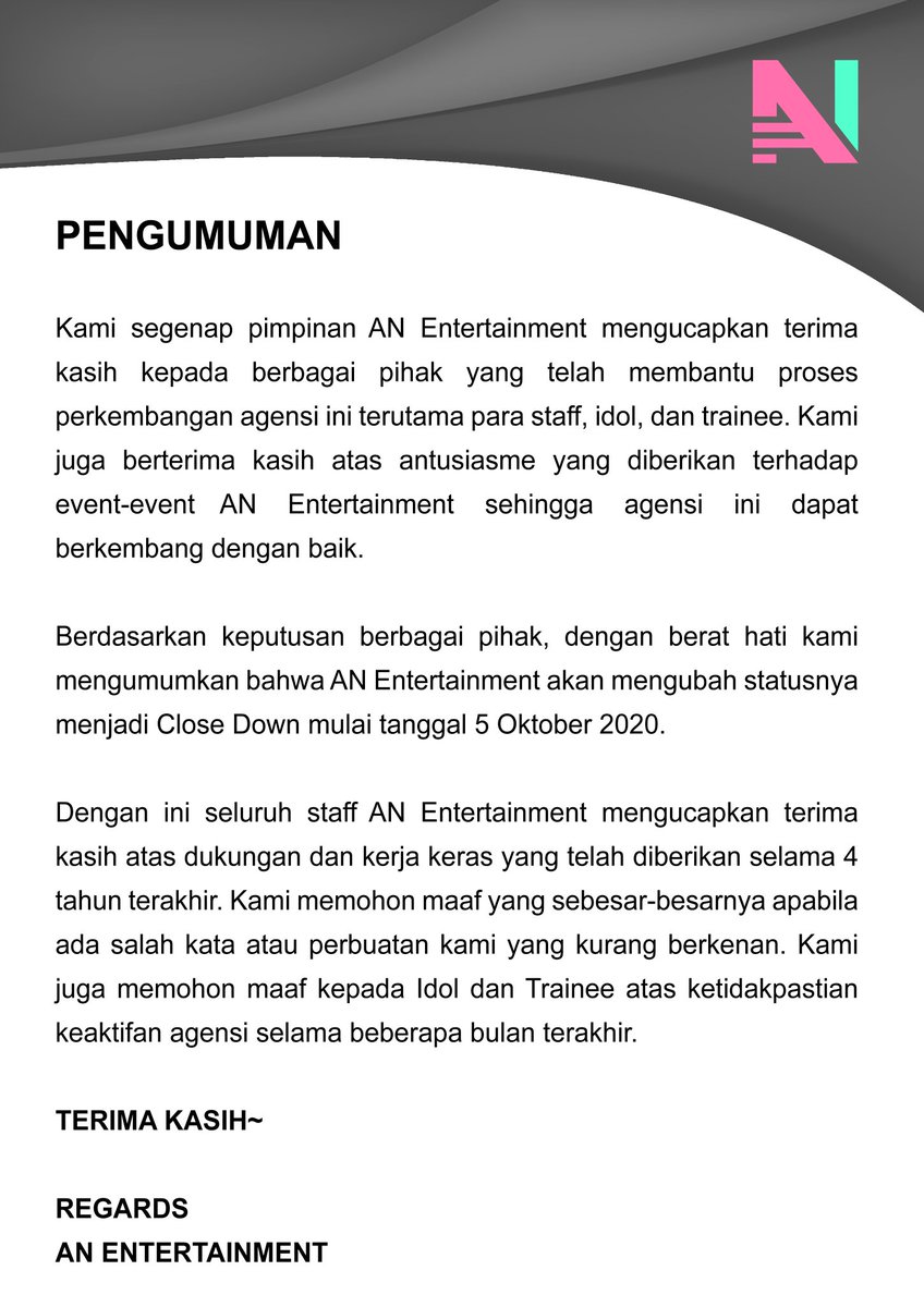 « ANNOUNCEMENT » 

                <a href="/ANEntRP/">A.N STAR</a>

           Status : Close Down

DISCOGRAPHY* : bit.ly/2GrCE5w

📄 : *Discography will be updated as soon as possible
** Idol ANEnt can still use name, songs, and other things related to idol