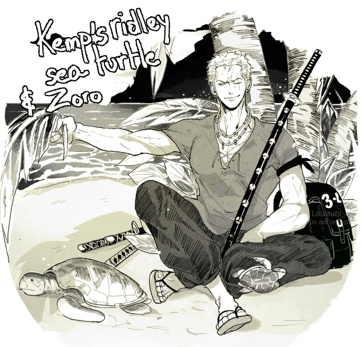 DAY 3-4: For the Endagered marine species x One piece inktober prompt, Zoro and the Kemp’s ridley sea turtle (Lepidochelys kempii), status: Critically endangered (less than 500)
